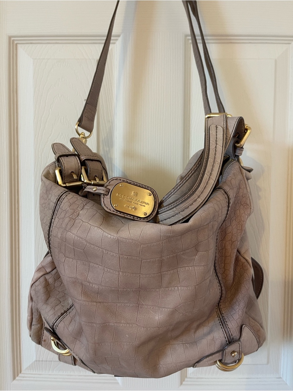 BCBGMaxAzria Taupe Croc-Embossed Shoulder Bag with Gold Hardware